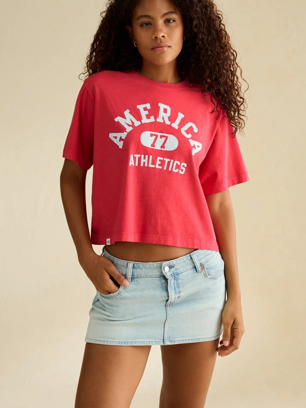 American Eagle Outfitters Red America 77 Athletics Cropped Tee